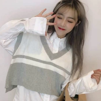 Pulover pentru Femei de Toamna Scurte Stil Casual V-Neck fără Mâneci Mozaic Jumper Pierde Toate-meci Femme Elevii Harajuku Vintage