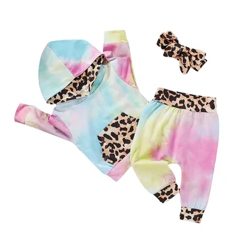 3Pcs Tinuta de Toamna Tie-Dye Hanorac cu Maneca Lunga-Pulover de Imprimare Leopard Pantaloni Largi Banda Arc pentru Copilul copil Fete 3M pentru 2Y