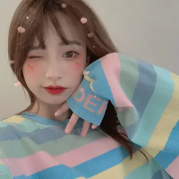 Harajuku Curcubeu Cu Dungi Supradimensionate Hanorac Cu Glugă Școlăriță Japonia Stil Lolita Maneca Lunga, Haine De Iarna Femei 2020