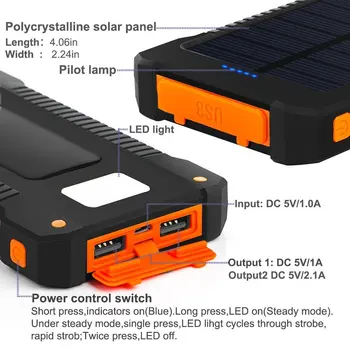 Top Solar Power Bank Impermeabil 30000mAh Încărcător Solar 2 Porturi USB Încărcător Extern mini Powerbank pentru Xiaomi Smartphone iPhone