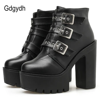 Gdgydh Noua Moda De Toamna Pentru Femei Glezna Cizme Cu Tocuri Inalte Sexy Cu Fermoar Cataramă De Metal Gotic Platforma Pantofi Toc Bloc De Promovare Vânzare