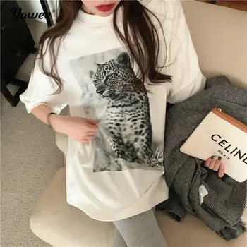 Yawee 2020 Coreeană De Bază Cu Mânecă Scurtă Chic Casual Se Potrivesc Scurtă De Imprimare De Animale Din Bumbac De Agrement Streetwear Pierde T-Shirt