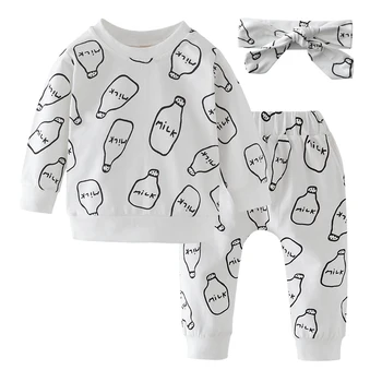 Copil nou-născut Fete Haine Alb cu Maneci Lungi Lapte de Imprimare T-shirt, Blaturi+Pantaloni+Bentita Drăguț 3Pcs Toamna Îmbrăcăminte pentru Sugari Set