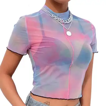 2019 ochiurilor de Plasă Sexy Top Femei T-shirt Transparent, Maneci Scurte de Vara Topuri Culturilor Tee tricou Femme Camiseta New Sosire
