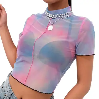 2019 ochiurilor de Plasă Sexy Top Femei T-shirt Transparent, Maneci Scurte de Vara Topuri Culturilor Tee tricou Femme Camiseta New Sosire