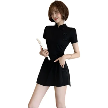 S-XXL Plus Dimensiunea Tradițională Chineză de Sus Qipao Shirt pentru Femeie și Pantaloni scurți Negru Chinezesc 2 Bucata Set Vintage Set de Două Piese