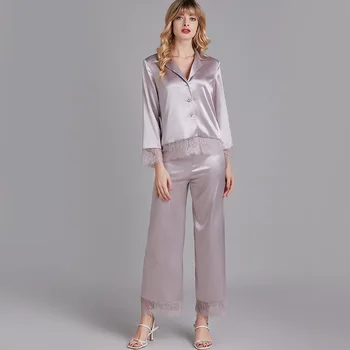 Noi 2 Bucata primăvara și vara, Pijamale Femei Faux din Satin Set de Pijama cu Maneca Lunga din dantela Sleepwear Costum