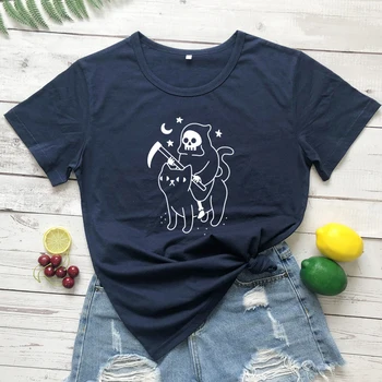 Moartea Călărește O Pisică Neagră tricou Înfricoșător Grim Reaper Hippie Tricou Amuzant Femei Maneci Scurte Grafic Goth Tricou Top
