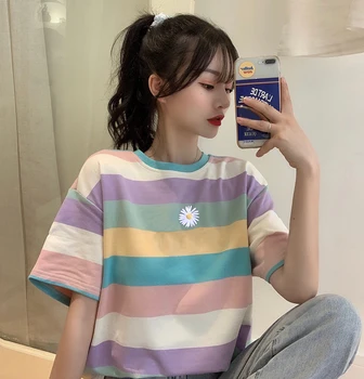 Femeile Dulce Vrac Brodat T-shirt, Bluze Casual Stil Preppy de Vară 2020 noua Culoare cu Dungi cu mâneci Scurte pulover coreeană