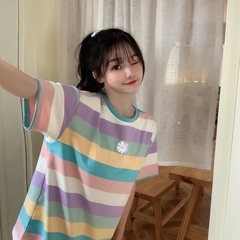 Femeile Dulce Vrac Brodat T-shirt, Bluze Casual Stil Preppy de Vară 2020 noua Culoare cu Dungi cu mâneci Scurte pulover coreeană
