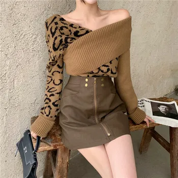 Noi vrac leopard strapless pulover de lână leneș retro sexy neregulate pulover pulover femei toamna și iarna