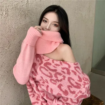 Noi vrac leopard strapless pulover de lână leneș retro sexy neregulate pulover pulover femei toamna și iarna