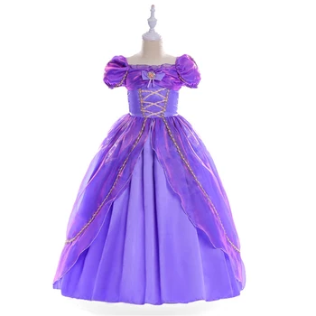 Rapunzel Dress pentru Fete Ziua De naștere Încurcat Crăciun Costum de Carnaval Florale Fete Violet Rochii de Printesa Copil Peruca