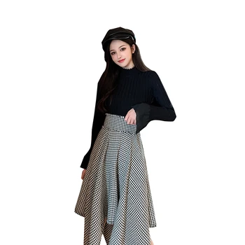 Houndstooth jumătate-lungime fusta femei 2020 nouă primăvară femei lungă cu mâneci pulover de înaltă talie neregulate costum din două piese