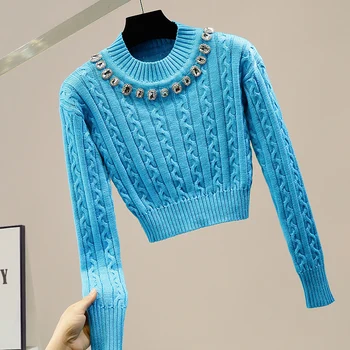 Rafinat Stras Slim Fit Pulover Scurt Pulover tricotat pentru Femei 2020 New Slim Fit Iarna Trunchiate Top Femei Pulovere Albastre