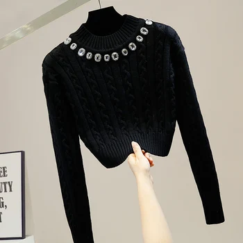 Rafinat Stras Slim Fit Pulover Scurt Pulover tricotat pentru Femei 2020 New Slim Fit Iarna Trunchiate Top Femei Pulovere Albastre
