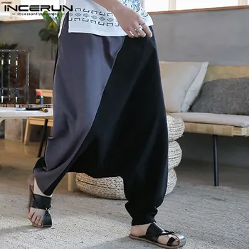 INCERUN Bărbați Pantaloni Harem Mozaic Talie Elastic Joggeri Retro Largi de Bumbac Pantaloni Barbati Casual Drop Crotch Pantaloni Streetwear 2021