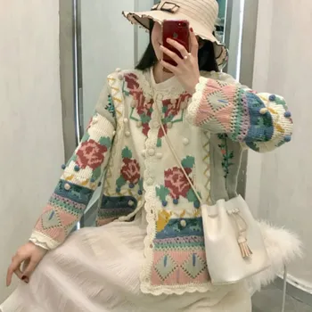 Femei Cardigan Tricot Flori Crosetate Pulover Haina Liber Casual 3D Bile, un Singur rând Sacou Maneca Lunga Broderie Culturilor Topuri