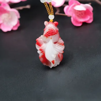 Roșii Naturale De Jad Alb Peștișorul De Aur Pandantiv Colier Chinez Sculptat Manual Jadeit Farmec Bijuterii De Moda Amuleta Bărbați Femei Norocos Cadouri