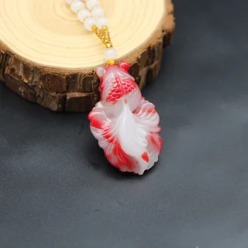 Roșii Naturale De Jad Alb Peștișorul De Aur Pandantiv Colier Chinez Sculptat Manual Jadeit Farmec Bijuterii De Moda Amuleta Bărbați Femei Norocos Cadouri