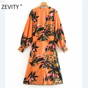 ZEVITY femei v-gât tropical flower print arc legat eșarfe rochie de sex feminin felinar casual cu maneci kimono vestidos rochii elegante DS4436