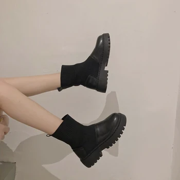 Femei pe platforma Glezna Cizme 2020 Nouă primăvară de Moda Solid Rotund Deget de Tricotat Cizme din piele doamnelor Casual Slip-On Pantofi z399