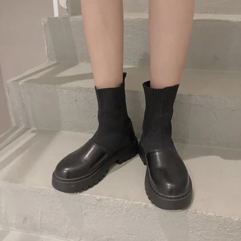 Femei pe platforma Glezna Cizme 2020 Nouă primăvară de Moda Solid Rotund Deget de Tricotat Cizme din piele doamnelor Casual Slip-On Pantofi z399