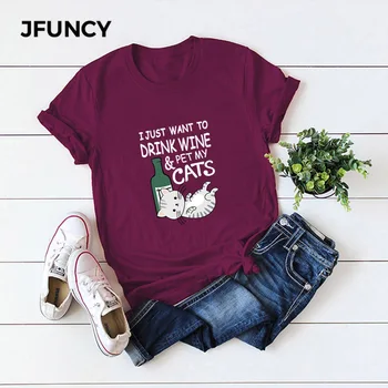 JFUNCY Beat Cat de Desene animate de Imprimare Plus Dimensiunea Femei Libere Teuri Topuri din Bumbac Tricou Tricouri Femeie de Moda de sex Feminin Tricou