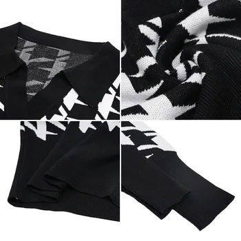 2021 Primăvară Femei Negru Houndstooth Sweater Toate-Meci Pulover V-Neck Slim Talie Mare Crop Top Femme C-153