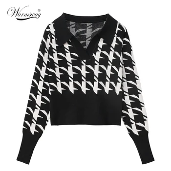 2021 Primăvară Femei Negru Houndstooth Sweater Toate-Meci Pulover V-Neck Slim Talie Mare Crop Top Femme C-153