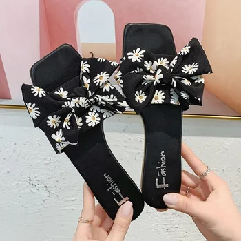 Femei Papuci Flori Fundita Femei Peep Toe Sandale Fete Dulci Fashion Square Toe Slide-uri de Vară 2020 Femei Pantofi Casual