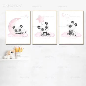Pepinieră de Perete de Arta Canvas Print Roz Desene animate Panda Luna Pictura Nordică Copil Decorare Imagine pentru Copil Fată Cameră Decor