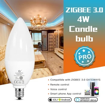 GLEDOPTO ZigBee 3.0 Smart Candle Bec Pro 4W E12/E14 RGBCCT 2000K-6500K Lucra Cu Amazon Echo Plus Alexa SmartThings RF de la Distanță