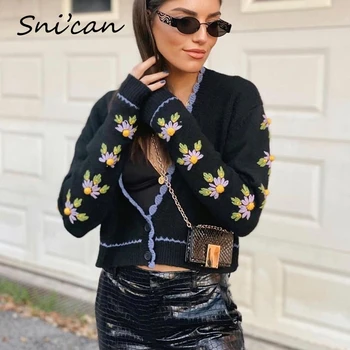 Snican negru cu maneci lungi, v gât florale pulover tricotate cardigan vintage topuri de cultură jersey iarna za femeie 2020 sueters de mujer
