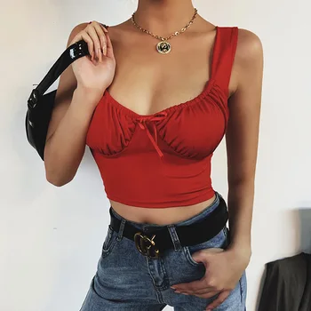 Sexy Alb Elegant Roșu Topuri De Cultură Ruched Rezervor De Top Pentru Femei, Casual, Fără Mâneci Topuri De Vara Femei Skinny Streetwear