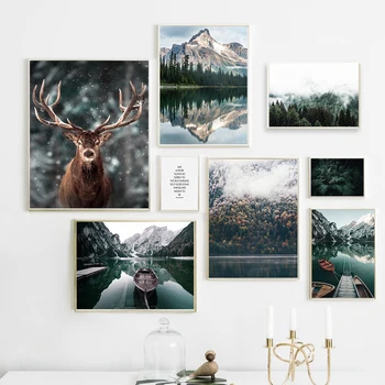 Ceață Pădure De Pini Elk Mountain Lake Citate Arta De Perete Panza Pictura Nordică Postere Si Printuri Poze De Perete Pentru Living Decorul Camerei
