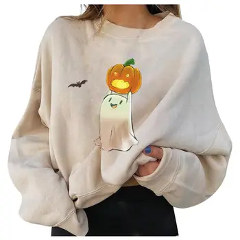 Feitong Halloween Înghețată de Dovleac Tricou Imprimat Scheletul de Imprimare Femei Hanorace de Toamna Iarna cu Maneci Lungi Tricou de Streetwear Sus