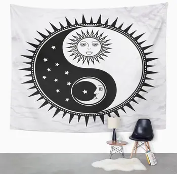 Simbolul Yin Yang cu Sun Moon se Confruntă Stele Rezumat Oculte și Mistice Semn Alb Negru Spirituale de Feng Tapiserie de Perete Decor Acasă