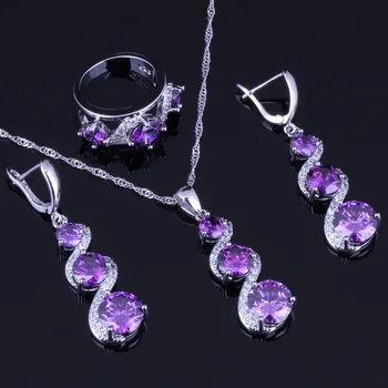 Angelic Rotund Violet Cubic Zirconia Albe CZ Placat cu Argint Seturi de Bijuterii Cercei Pandantiv Lanț Inel V0032