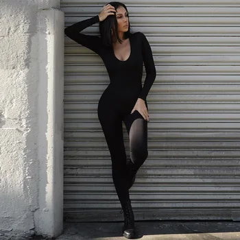 InstaHot sexy 2020 salopeta skinny femei cu maneci lungi negru gri tinuta de primăvară streetwear salopetă casual de fitness feminin bodysuit
