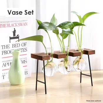 Sticlă Lemn Vaza de Plante Ghivece cu Plante Vass Terariu Masă Desktop Hidroponice de Plante Bonsai Ghivece Suspendate cu o Tavă de Lemn Decor Acasă