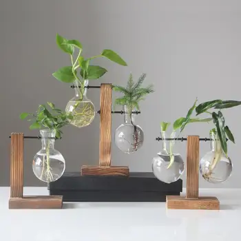 Sticlă Lemn Vaza de Plante Ghivece cu Plante Vass Terariu Masă Desktop Hidroponice de Plante Bonsai Ghivece Suspendate cu o Tavă de Lemn Decor Acasă