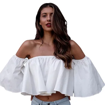Moda Bluza Scurt Pe Umăr Femei Topuri De Vara Slash Gatului Maneca Trei Sferturi Solide În Vrac Femei Bluze