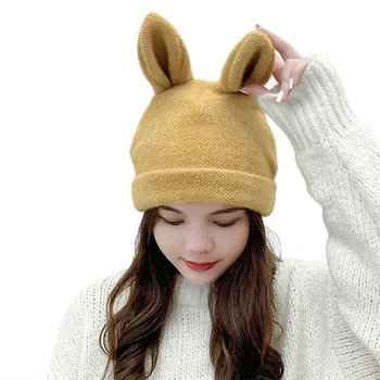 Femeile Din Coreea De Iarna Tricotate Beanie Hat Iepure Drăguț Urechi De Iepuras De Culoare Solidă Casual În Aer Liber Elastic De Schi Chelioși Capac Ureche Cald