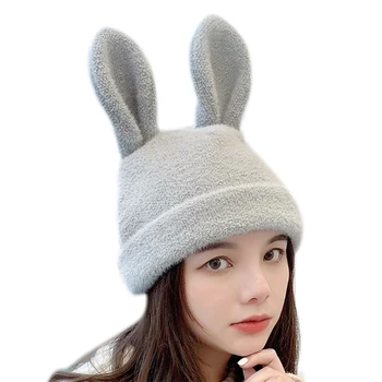 Femeile Din Coreea De Iarna Tricotate Beanie Hat Iepure Drăguț Urechi De Iepuras De Culoare Solidă Casual În Aer Liber Elastic De Schi Chelioși Capac Ureche Cald