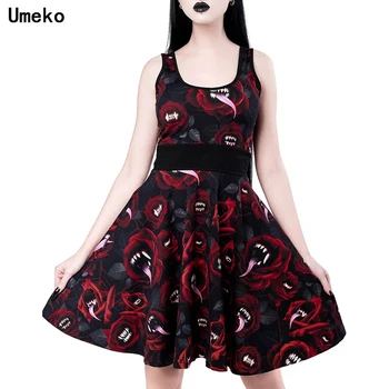 Umeko 2020 Gotic Diavolul Imprimare Rochie Mini Femeile Ocazional fără Mâneci Talie Mare O-gat Deasupra Genunchiului Rochie a-line Plus Dimensiune Vestidos
