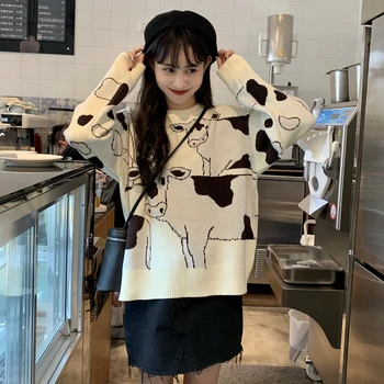 Vintage Casual Pierde Leneș Vaca Pulover de sex Feminin coreeană Harajuku Pulovere pentru Femei Japoneze Kawaii Drăguț Ulzzang de Îmbrăcăminte Pentru Femei