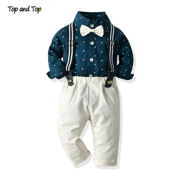 De sus și de Moda de Top pentru Copii Băiat Domn Set Haine din Bumbac Tricou cu Maneci Lungi, Topuri cu Papion+Salopete Haine Baieti Costume Casual