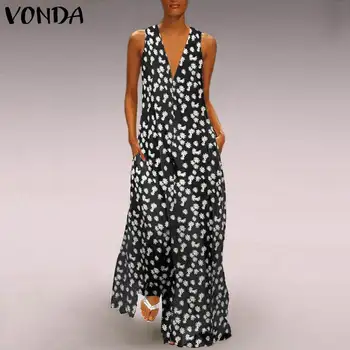 2021 VONDA Femei Sundress Vară Boem Rochie Sexy rochie fără Mâneci V Gât Petrecere Maxi Rochie Lunga de Plaja Vestidos Plus Dimensiune 5-5XL