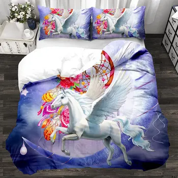 3D de Desene animate de Copii Unicorn Set de lenjerie de Pat King a Crescut Florale Carpetă Acopere Girly Textile Acasă Violet Lenjerie de pat 3pcs Picătură Navă